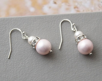 Silver Pink  Pearl Earrings, Wedding earrings, Bridal Earrings,  Bridal Jewelry, Boho earrings  , Gift for bride