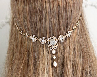Gold Vintage Style Bridal Hair chain, Wedding Hair chain, Pearl  Hair drape, Bridal Headpiece, Art Deco Hairpiece, Wedding hair  vine, Prom