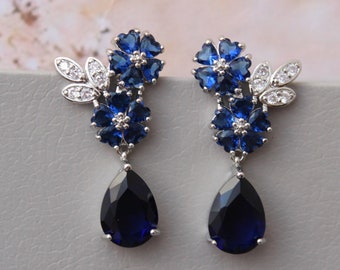 Silver Blue Floral Bridal Earrings Crystal Drop Earrings Sapphire blue Wedding Earrings Floral Bridal Jewelry Zircon Teardrop Earrings