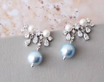 Silver Blue Pearl Earrings, Wedding Earrings, Bridal Earrings Cluster Earrings, Pearl drop Earrings, Bridal Jewelry Wedding Jewelry