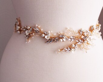 Gold Ivory  Bridal dress belt Floral Bridal sash Wedding dress belt sash Floral Crystal Pearl belt Wedding Accessories Bridal accessories