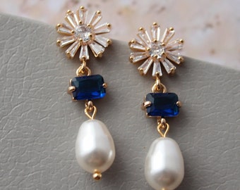 Bridal Jewellery Set : Sapphire Blue Wedding Jewelry For Bride Pearl Drop Earrings Necklace Nouveau Statement  Gold  Floral Regency