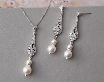 Vintage style Bridal Necklace and  Earring set,  Pearl  Earrings, Wedding Earrings  Bridal Jewelry set , Bridesmaid Earrings Wedding Jewelry