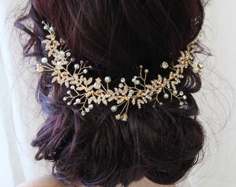 Gold Bridal Back Headpiece, Bridal Headband , Leaf  Pearl Rhinestone Bridal Hair Vine, Wedding Hair comb, Gold  Bridal Hair Comb,UK