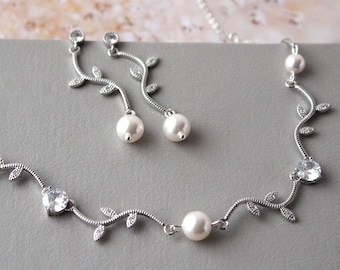 Bridal Necklace And Earring Set, Silver Leaf Vine Necklace,  Bridal Jewelry Set, Pearl Necklace Set, Dangle Pearl Earrings, gift