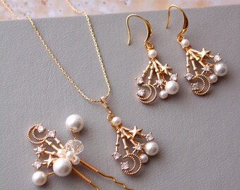 Celestial Star Necklace and  Earring set, Bridal Earrings,  Bridal Jewelry set , Star and Moon Wedding Jewelry, Celestial bridal hair pins