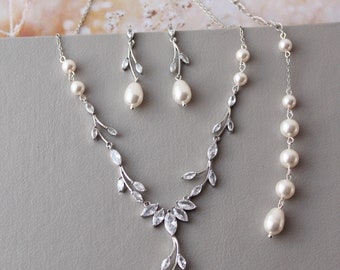 Silver pearl backdrop bridal necklace and earring set, Back drop wedding necklace,Pearl drop  Bridal Jewelry set ,CZ leaf  wedding jewelry