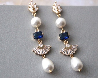 Gold Sapphire Blue Bridal Necklace and Earring set Art deco necklace Fan Earrings Pearl Drop Earrings Bridal Jewelry set  Wedding Jewellery