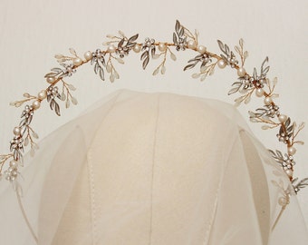 Gold Leaf  Bridal halo crown ,Wedding headband, Pearl Wedding Halo, Opal  Floral Tiara, Bridal headpiece, Boho Wedding Hair Accessory