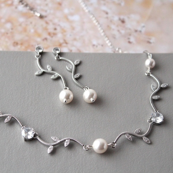 Bridal Necklace And Earring Set, Silver Leaf Vine Necklace,  Bridal Jewelry Set, Pearl Necklace Set, Dangle Pearl Earrings, gift