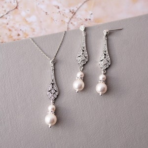 Vintage style Bridal Necklace and Earring set, Pearl Earrings, Wedding Earrings Bridal Jewelry set , Bridesmaid Earrings Wedding Jewelry image 2