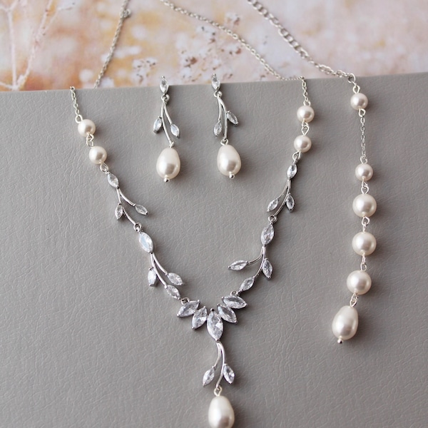 Silver pearl backdrop bridal necklace and earring set, Back drop wedding necklace,Pearl drop  Bridal Jewelry set ,CZ leaf  wedding jewelry