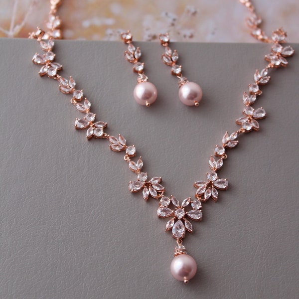 Rose Gold Pink Bridal Earrings  Necklace and earring set Blush Pearl Earrings Wedding Earrings  Pearl drop Earrings Wedding Jewelry