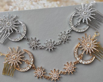 Celestial Crystal Comb - Star Moon Hair Chain - Bridal Hair Piece- Silver Or Gold