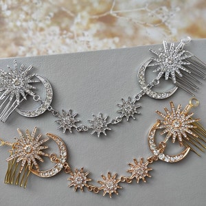 SALE Rhinestone Star and Moon Hair Chain Bridal Hair vine Wedding Crystal Hair comb Bridal Headpiece Celestial Hair comb, Wedding Hair piece