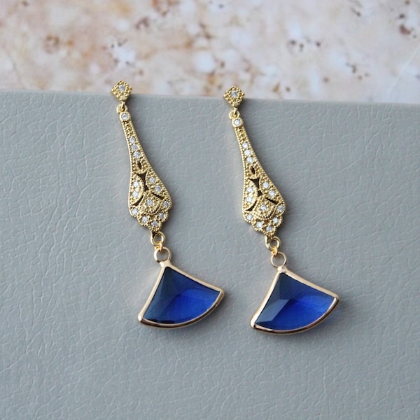 Vintage Style Sapphire Blue Fan Earrings Art Deco Bridal earrings Wedding Earrings 1920s Wedding Jewelry Dangle earrings Prom earrings
