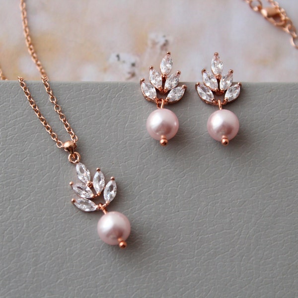 Rose Gold Pink Bridal Earrings  Necklace and earring set Blush Pearl Earrings Boho Wedding Earrings Petite Pearl Earrings Wedding Jewelry