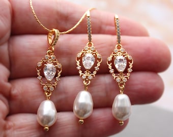 Gold Bridal Jewellery Set: Pearl Drop Bridal Earrings Necklace Statement Dangle earrings  Wedding Jewelry Set For Bride Regency