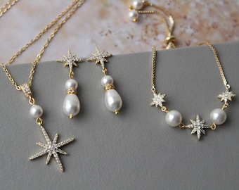 Gold Celestial star bridal  jewelry set Wedding necklace and earrings, Star bracelet set , Star earrings  Star Jewelry set ,Wedding Jewelry