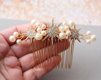 Delicate Celestial Hair Comb: Pearl Star Bridal Headpiece, Gold Wedding Hair Piece Starburst