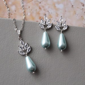 Silver Blue Green Wedding Necklace And Earring Set Boho Bridal Necklace Pearl  Necklace, Bridesmaid Jewelry, Bridal Jewelry Set Prom jewelry