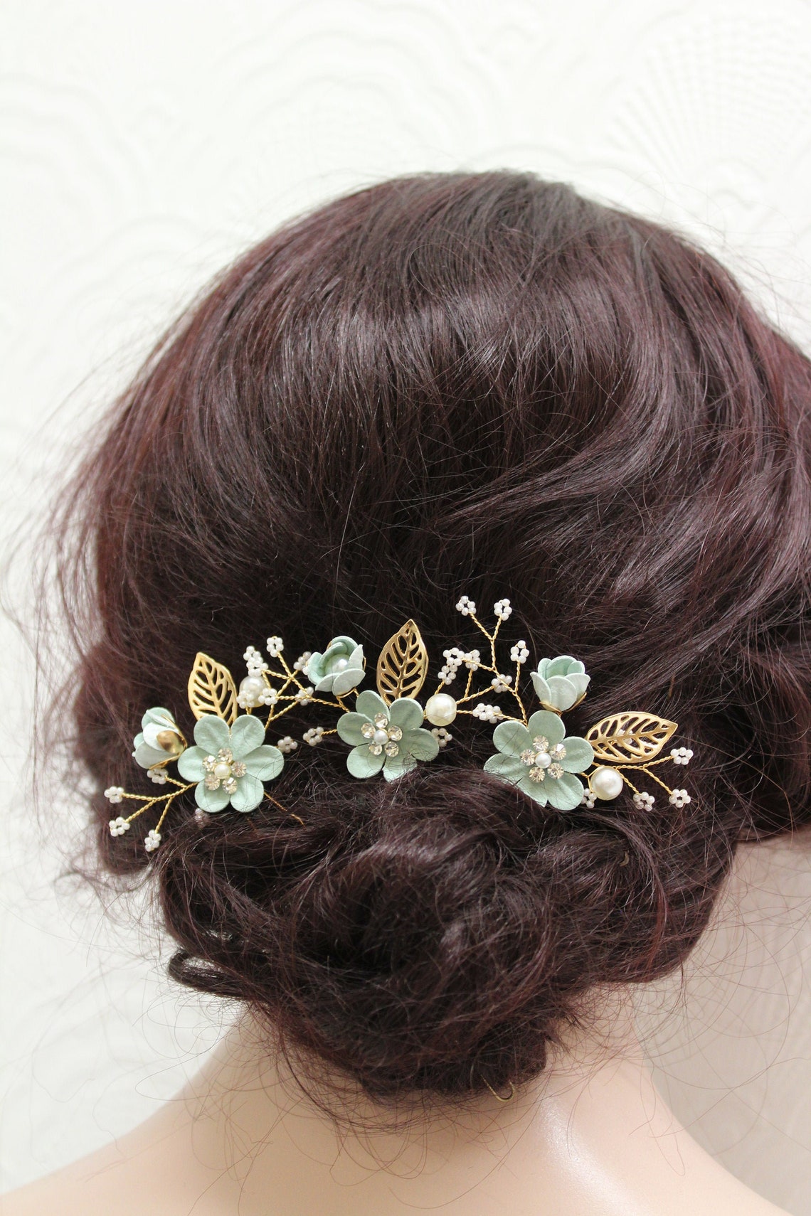 Gold Green Bridal hair pins with flowers and leaves Floral image 1