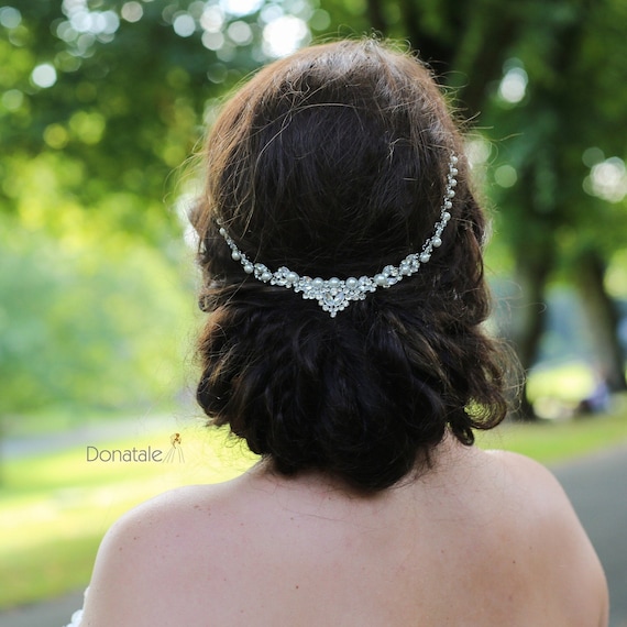 Art Deco Pearl Wedding Hair Chain: Crystal Pearl Back Headpiece, 1920s