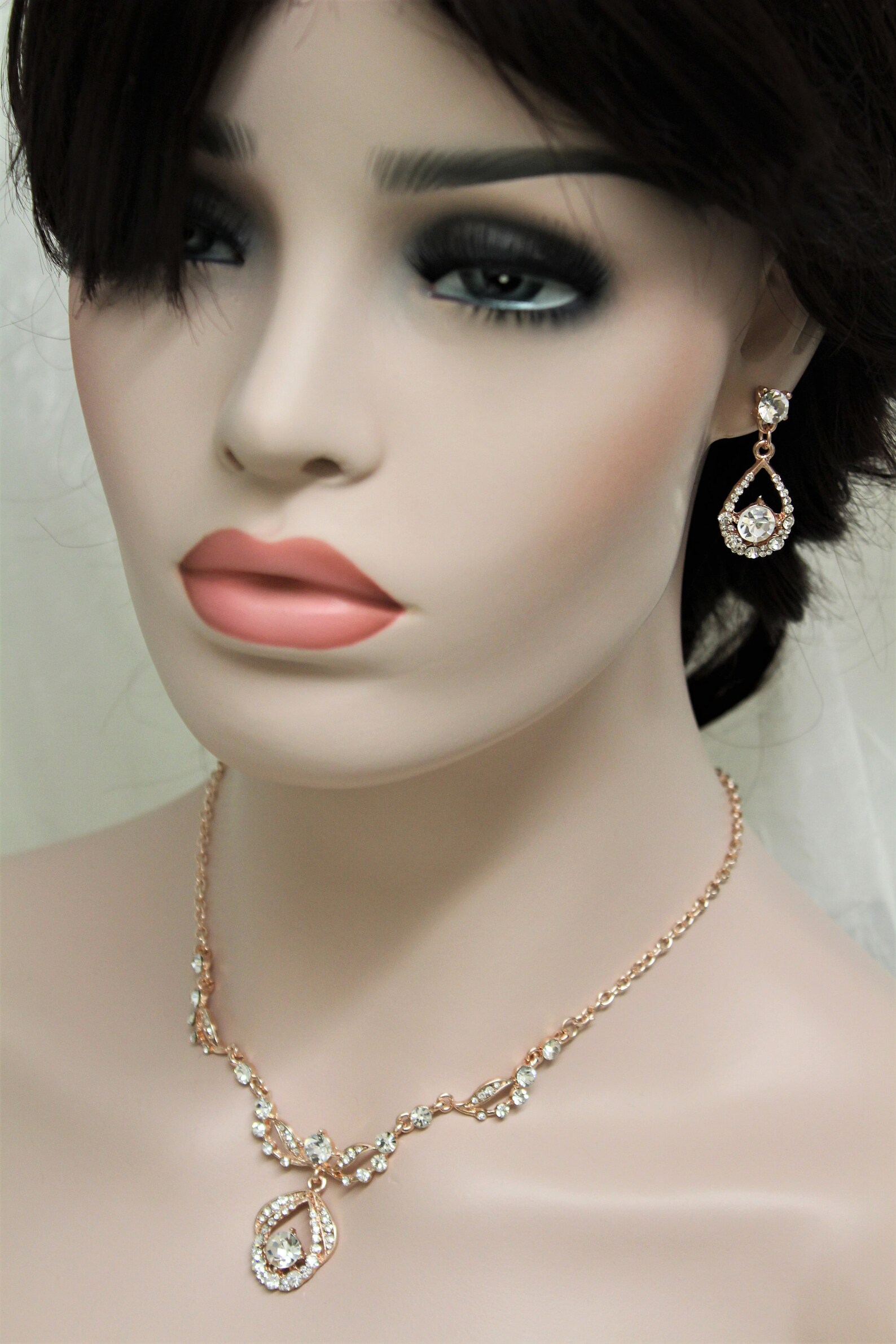 Rose Gold Necklace and Earring Set Wedding Necklace Art Deco Etsy UK