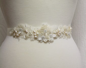 Dusky pink Bridal belt Freshwater pearl Bridal sash Wedding dress belt Blue Floral belt Wedding Accessory Bridal  Ivory Lace belt for bride