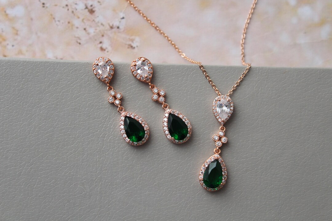 Rose Gold Emerald Bridal Necklace and Earring Set Green Earrings
