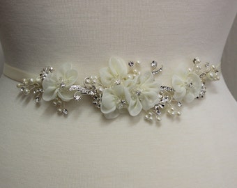 Silver and Ivory Bridal dress belt  Bridal sash Wedding dress belt sash Floral Pearl belt Wedding Accessories Bridal accessories Maternity