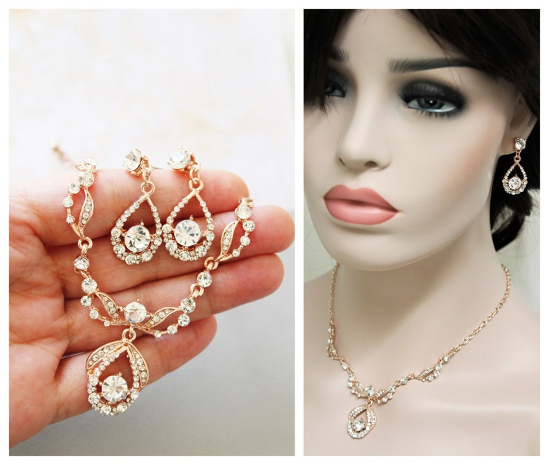 Rose Gold Necklace and Earring Set Wedding Necklace Art Deco Etsy UK