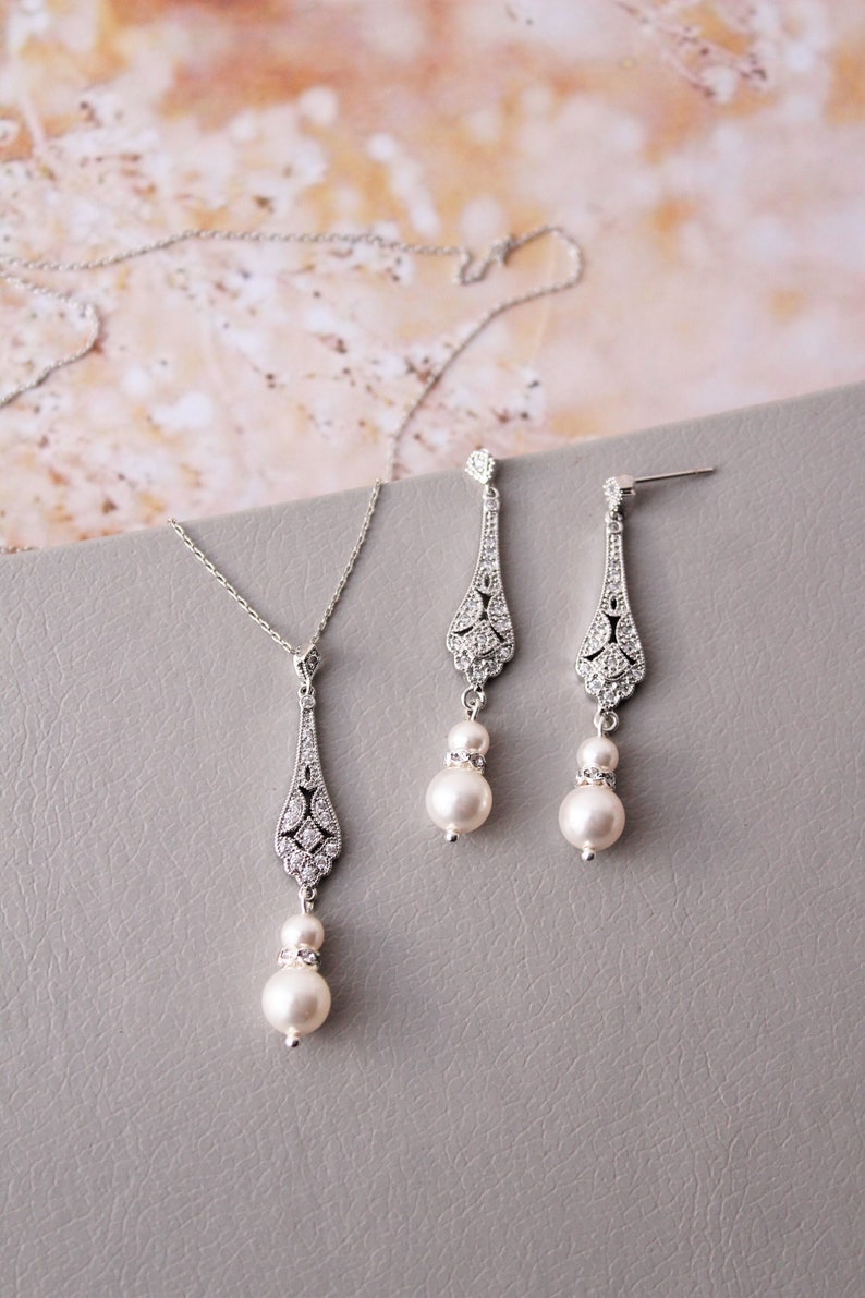 Vintage style Bridal Necklace and Earring set, Pearl Earrings, Wedding Earrings Bridal Jewelry set , Bridesmaid Earrings Wedding Jewelry image 2