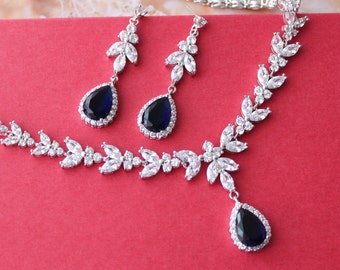 Blue Necklace And Earring Set Crystal Bridal Necklace Silver Art Deco Earrings Crystal Necklace Zirconia Wedding Jewelry Set Gift for her