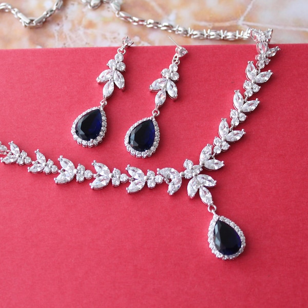 Blue Necklace And Earring Set Crystal Bridal Necklace Silver Art Deco Earrings Crystal Necklace Zirconia Wedding Jewelry Set Gift for her