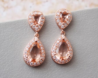Rose gold  Champagne Art Deco Earrings, Crystal Drop Bridal Earrings, Wedding Earrings, Bridal Jewelry ,Zircon Teardrop Earrings