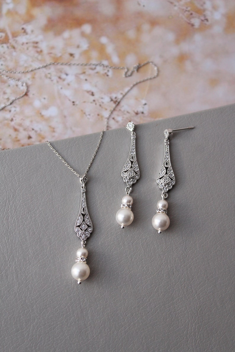 Vintage style Bridal Necklace and Earring set, Pearl Earrings, Wedding Earrings Bridal Jewelry set , Bridesmaid Earrings Wedding Jewelry image 3