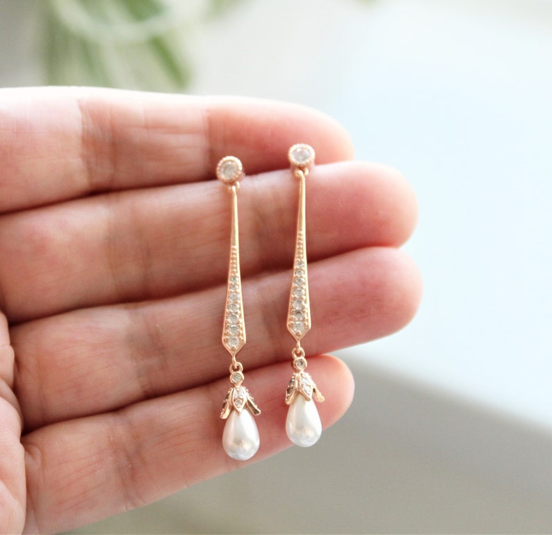 Rose Gold Art Deco Earrings Bridal Earrings Pearl Drop Etsy