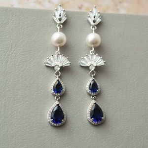 Sapphire Blue Bridal Jewelry set Fan Wedding Necklace Earring Set Dangle teardrop  Earrings Vintage Style Wedding Jewelry Art Deco jewellery