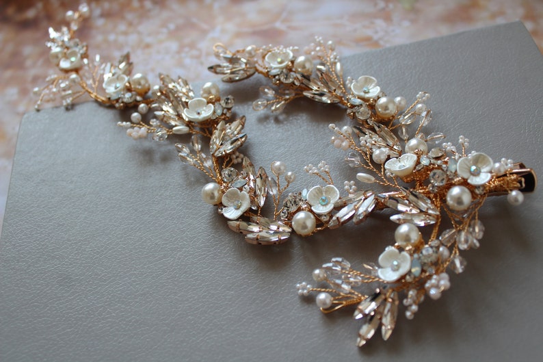 Bridal Back Headpiece Wedding Hair piece Bridal Hair clip Floral hair Vine Wedding Hair Accessory UK Gold Wedding Hair Vine