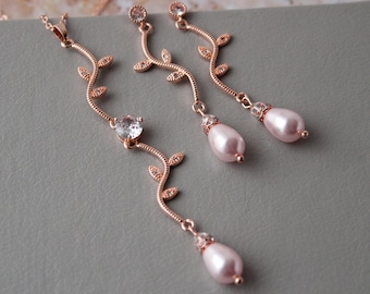 Rose Gold Blush Pink Bridal Necklace And Earring Set,  Leaf Vine Necklace, Bridal Jewelry Set, Pearl Necklace Set, Dangle Pearl Earrings