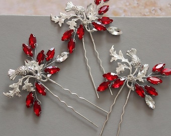 Silver Red Crystal Bridal Hair Pins: Scottish Thistle  Bridal Headpiece, Flower Hair pins, Wedding hair piece Boho