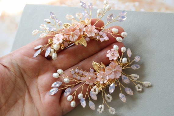 Gold Blush Bridal Hair Clip Wedding Hair Clip Wedding Etsy