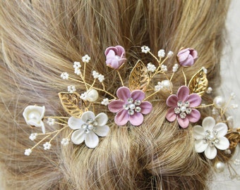 Gold Pink Mauve Bridal hair pins with flowers and leaves Floral  Wedding hair vine Bridal Headpiece Flower Hair pins Wedding hair piece UK