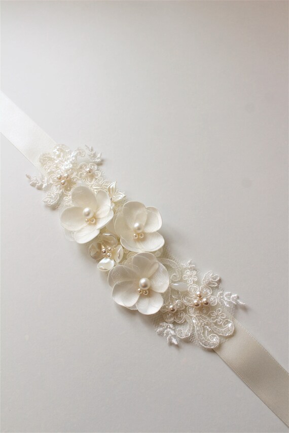 Floral Ribbon Belt with Pearls Wedding Dress Ribbon Belt With Vintage Lace Flower - Etsy main image 2