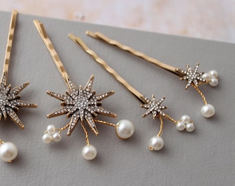 Gold bridesmaid hair pins with stars and pearls Celestial bridal hair pins Wedding hair piece Bridal Headpiece Star Hair pin hair accessory