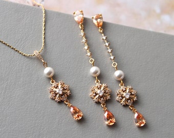 Gold Bridal Necklace and Earring set ,Pearl  Wedding Earrings, Champagne Peach drop Earrings  Vintage Style Wedding Jewelry set for bride