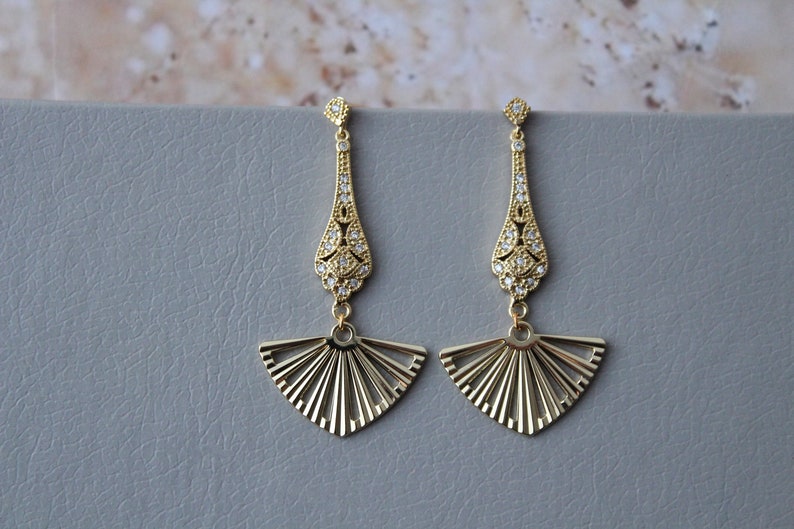 Vintage Style Fan Earrings Art Deco Earrings Bridal earrings Wedding Earrings 1920s Wedding Jewelry Dangle earrings for her Prom earrings image 4