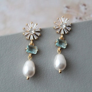 Silver Or Gold Blue Bridal Necklace and Earrings Wedding  Earrings Pearl  Drop Earrings Bridesmaid Gift Boho Wedding Jewelry set for bride