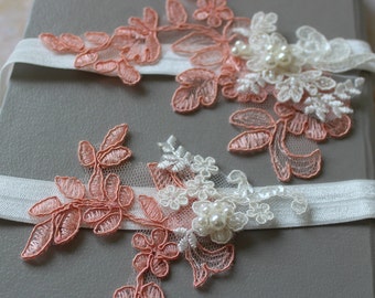 Coral Pink Bridal Garter, Wedding Garter, Lace garter  set, Vintage style Garter, Flower Garter ,Ivory  Garter , Stretch Lace Garter Set, UK